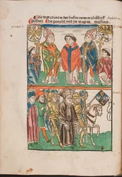 Jan Hus (1365-1415) livre au pouvoir seculier - Jan Hus entregou ao poder secular (Ilustração da crônica ilustrada do Richental), Anônimo . Aquarela e tinta sobre papel