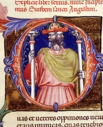 Janus, divindade romana, duas faces opostas - de um manuscrito de "De civitate dei" de Santo Agostinho, início do século XV. Bíblia Municipal de Rimini.