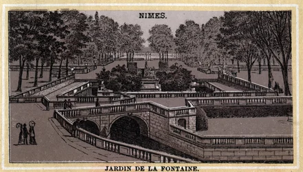 Jardin de la Fontaine em Nimes (Gard, Languedoc-Roussillon). Cromolitografia do final do século XIX.