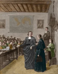 Jean Baptiste De La Salle (Jean-Baptiste) (1651-1719) religioso francês, fundador da congregação dos Irmãos das Escolas Cristãs, mostrando uma de suas escolas à M de La Chetardie. Gravura do final do século XIX.