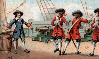 Jean Bart (1650-1702), comandante naval francês e corsário, ameaçando explodir seu navio - O corsário Jean Bart (1650-1702) ameaça um corsário inglês que o fez prisioneiro ao ameaçar explodir seu navio ao incendiar um barril de pólvora