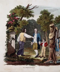 Jean Jacques Rousseau com uma criança, interpelado por um camponês