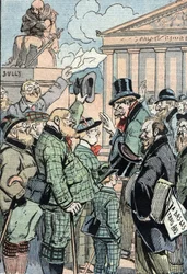 Jean Jaures, socialista unificado, opõe-se à lei dos três anos (serviço militar), representado por alemães, junho de 1914 (Os socialistas unificados, liderados por Jean Jaures, apoiam os alemães contra a lei dos três anos, junho de 1914) Cartoon from "Le p