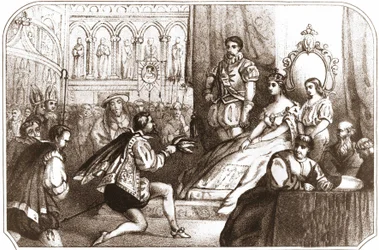Jean Nicot apresenta a planta do tabaco a Catarina de Medicis (Caterina de Medici) e ao Grande Prior da Casa de Lorena. Litografia do século XVI, por volta de 1868.