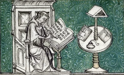 Jean de Meun que compõe o Romance da Rosa, c.1380 (miniatura)