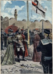 Jerusalém - All Saints 1898: Guilherme II (1859-1941), Imperador da Alemanha e Rei da Prússia, toma posse da terra da "Dormition", perto do Cenáculo, por seus súditos católicos, perante Monsenhor Luigi Piavi, Patriarca de Jerusalém. Ilustração em