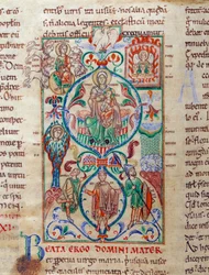 Jesse árvore rodeia símbolos de virgindade A Virgem é concebida com o nome de Bizantina de Theotokos. Miniatura retirada do "Lectiaire de Citeaux" Dijon do século XII, Biblioteca Municipal