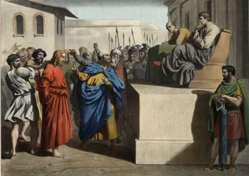 Jesus Cristo diante de Pôncio Pilatos (Pôncio Pilatius). Gravura anónima de meados do século XIX.