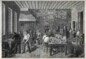 Joalharia: fábrica de jóias de aço. Gravura de 1885 em "Les arts et metiers illustres" de Adolphe BITARD.