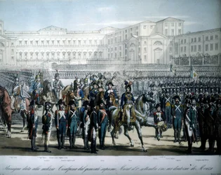 Joachim Murat (1767-1815), nomeado Marechal da França e Rei de Nápoles por Napoleão, passa em revista as tropas da República Cisalpina