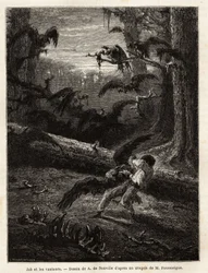Trabalho (companheiro de viagem do redator), atacado por abutres. Gravura para ilustrar a história Quatre mois en Florida, de M. Pousselgue, em 1851-1852, publicada em "le tour du monde", sob a direção de D