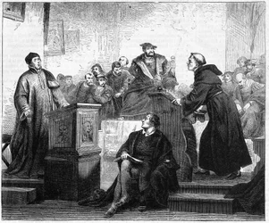 Johann Maier conhecido como Johann Eck (1486-1543), teólogo católico alemão e Martin Luther (1483-1546), teólogo protestante alemão e reformador em Pleissenburg em 1519.