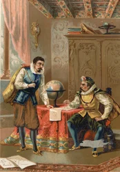 Johannes Kepler (Keppler) (1571 - 1630) com Tycho Brahe (1546-1601), astrônomos, Praga em 1600 - depois de La Ciencia y sus Hombres de Louis Figuier, Barcelona 1881