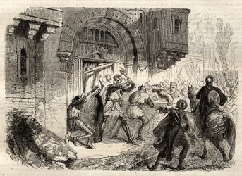 João II Comnenus, imperador bizantino - O Imperador João II Comnene (1087-1143) à frente dos gregos que conduzem a porta do seu Palácio em Constantinopla - gravura em "Illustrous Popular Dictionary" - 1864 - de Joseph Decembre e Edmond Allonier -