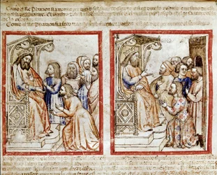 José e seus irmãos dirigem-se ao Faraó, os irmãos partem depois de venderem José como escravo em miniatura do códice 212 (ou códice padovano ou Bíblia de Pádua) 1390-1400 Rovigo, Accademia dei Concordi