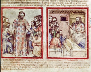 José gravemente doente aos 110 anos de idade perdoa seus irmãos que se prostram a ele Miniatura do códice 212 (ou códice padovano ou Bíblia de Pádua) 1390-1400 Rovigo, Accademia dei Concordi