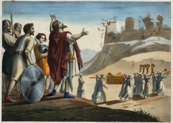 Josué diante da cidade de Jericó, a primeira cidade tomada por Josué e pelos judeus durante a conquista da Terra Prometida. As muralhas desmoronam-se ao som das trombetas. Gravura anónima do século XIX.