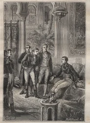 Viagem (1798) de Frederic Conrad (Konrad) Hornemann (1772-1801) a Fezzan (Líbia): Hornemann é recebido por Bonaparte no Cairo (Egito) - ilustração de "Os Grandes Marinheiros do século XVIII".
