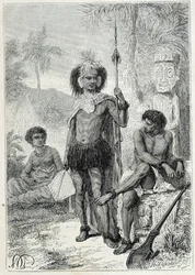 Viagem do Capitão James Cook (1728-1779): Indígenas das Ilhas Marquesas - ilustração retirada de "Os Grandes Marinheiros do século XVIII".