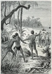 Viagem do Capitão James Cook (1728-1779) a New Guinee: o primeiro encontro com os nativos, ilustração tirada de "Os Grandes Marinheiros do século XVIII".
