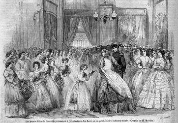 Viagem do Imperador Napoleão III (1808-1873) e sua esposa Eugenie de Montijo (1826-1920) ao Duque de Sabóia após a anexação do Conde de Sabóia (Tratado de Turim de Março): aqui o casal imperial em visita a Grenoble encontra jovens raparigas que vieram para