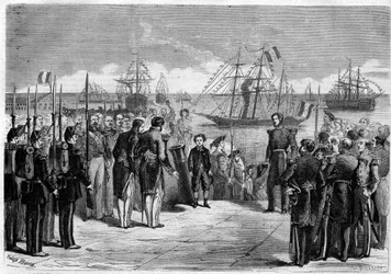 Viagem de Sua Majestade o Príncipe Imperial Napoleão Eugene Louis Jean Joseph Bonaparte (1856-1879), filho de Napoleão III, a Cherbourg, França: o príncipe a bordo do iate "Queen Hortense". Gravura no "The Illustrious Universe" (O Universo Ilustre)