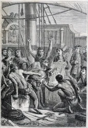 Viagem de Samuel Wallis (1728-1795) à Polinésia: etonnes indígenas por um espelho - ilustração tirada de "Os Grandes Marinheiros do Século 18".