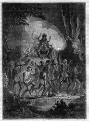 Viagem à Índia de Victor Jacquemont, durante a procissão da deusa Kali (deusa da destruição) nos anos 1828-1832 - Gravura em "Pitoresca história de grandes viagens no século XIX". 1877