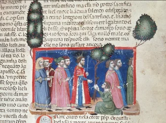 Jules Cesar (101-44 AC) aprendendo a conjuração de Catilina em 63 AC, conspiração política para detoná-lo Detalhe de uma página manuscrita "Facts of the Romans" (Ms 1538, fol 50r) por volta de 1340 Florence, Biblioteca Riccardiana