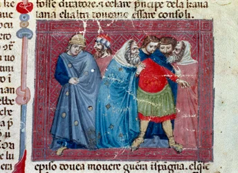 Jules Cesar (101-44 AC) no trono Detalhe de uma página manuscrita "Facts of the Romans" (Ms 1538, fol 1v) por volta de 1340 Florence, Biblioteca Riccardiana