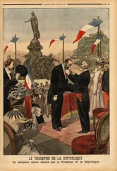 Jules Dalou (1838-1902) escultor, decorou a legião de honra do Presidente da República Emile Loubet (1838-1929), por ocasião da inauguração da estátua "O triunfo da república" na Praça da Nação em Paris. Gravura em "