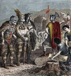 Juliano e os chefes francos - Encontro entre o Imperador Juliano e os chefes francos - (Flavius Claudius Julianus (331-363), chamado Juliano o Apóstata, também chamado Juliano o Filósofo ou Juliano II ou Juliano o Imperador) - gravura do final do século XI