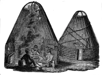 Kalmouks (Mongóis Ocidentais) em frente à sua tenda.