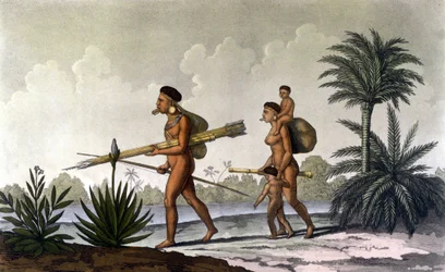 Kerengnatnuck, chefe dos Botocudos, e sua família (Brasil) - em "O traje antigo e moderno" de Ferrario, ed. Milão