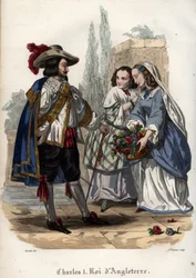 Rei Carlos I de Inglaterra (Charles I Stuart) (1600-1649) seduzindo jovens mulheres. Gravura de 1842 em "Histoire des popes" de Maurice Lachatre. Coleção privada.