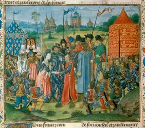 O rei Carlos VI (1368-1422) entregou a sua filha Isabel de França (1389-1409) a Ricardo II (1367-1400), rei de Inglaterra, perante a Assembleia dos Lordes Francês e Inglês Miniatura de "Chronicles" de Jean Froissart (1337-1400) Paris do século XV. B.N.