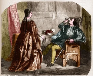 Rei Carlos VI da França, conhecido como Carlos o Bom Aime, depois Carlos o Fol (1368-1422) com sua amante Odinette (Odette) de Champdivers. Gravação em "A história da prostituição e do deboche entre todos os povos do mundo, desde a Antiguidade até ao