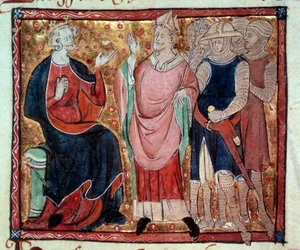 O rei Henrique II de Inglaterra (1133-1189) recebe um bispo e soldados. Miniatura de um manuscrito do século XV. Paris, B.N.