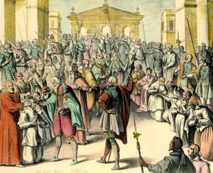O Rei Henrique IV (1553-1610) toca na testa de uma pessoa doente". O rei é thaumaturge, ele tem o poder de curar as ecrouelles, pronunciando esta fórmula. Gravura de um rascunho de André du Laurens (1558-1609), médico do rei Henrique IV
