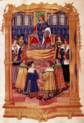 O Rei Luís XI (1423-1483) e os Cavaleiros da Ordem de São Miguel Miniatura do manuscrito "Estatutos da Ordem de São Miguel" Milão do século XV, Biblioteca Trivulziana
