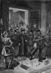 Rei de França Henrique II (1519-1559), no centro, ordenando ao seu connetable que apreendesse os conselheiros. Gravura do século XIX. No "Histoire de France" de Jules Michelet