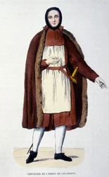 Cavaleiro da Ordem de Calatrava. Um grupo de religiosos e cavaleiros defendeu a cidade de Calatrava na Espanha contra os castelhanos em 1145 e 1158. A ordem foi anexada à Coroa da Espanha em 1523, com o rei como grande mestre. Gravura do 19º ce