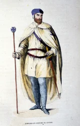Cavaleiro da Ordem dos Templários em traje de guerra. Gravura do século XIX.