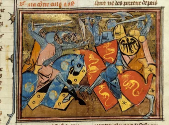 Os cavaleiros lutam. Miniatura tirada do "Histoire de Merlin" de Robert de Boron (Borron) (ca. 1144-ca. 1170)