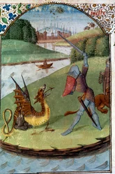Cavaleiros da Távola Redonda: "Lancelot luta contra o dragão" Manuscrito miniatura "O romance de Lancelot du Lac"