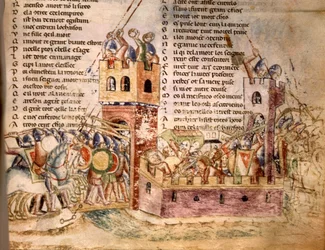 Cavaleiros invadiram um castelo. Um manuscrito do século XII. Bíblia. Marciana Veneza.