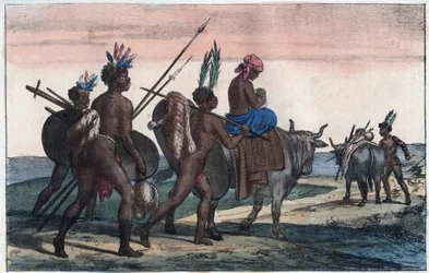 Korah Hottentots do Cabo em movimento - gravação de "Usos e Costumes de Todos os Povos do Universo". Ou História do Governo, Leis, Milícias, Religião de todas as Nações desde os tempos mais remotos até aos dias de hoje" 1856
