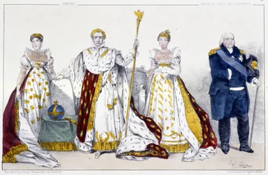 O Império e os Bourbons: Josephine de Beauharnais (1763-1814) e Napoleão I Bonaparte (1769-1821), Marie Josephine de Savoie (1753-1810) e Luís XVIII dit Le Desire (1755-1824) - Placa extraída de Reis e Rainhas de França em estampas, Paris, ed. Swi