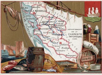 La Charente Inferieure, Poitou Charentes, França. Vinho, brandy, sardinhas, sal, açafrão, peixe seco, c.1920