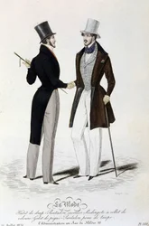 La Mode du 26 juillet 1834: (moda masculina) fato de chapéu - calças casimir - Redingote com gola de veludo - colete de piqué - pele de calças e cartola.